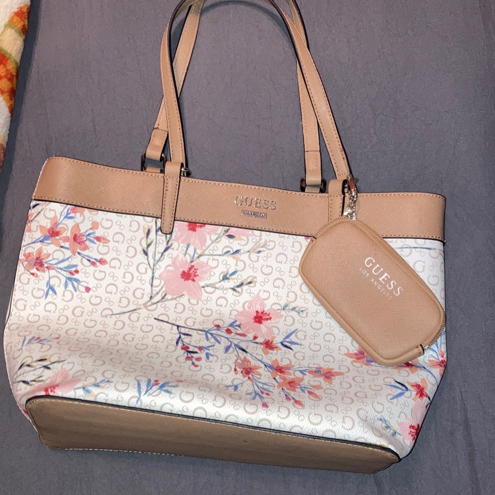 GUESS Beige and Pink Floral Tote